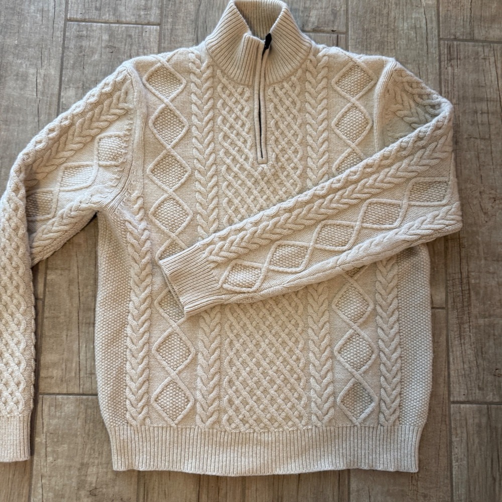 Brooks Brothers Saxxon 100% Wool Cable Knit Quarter Zip Sweater Mens Large Cream